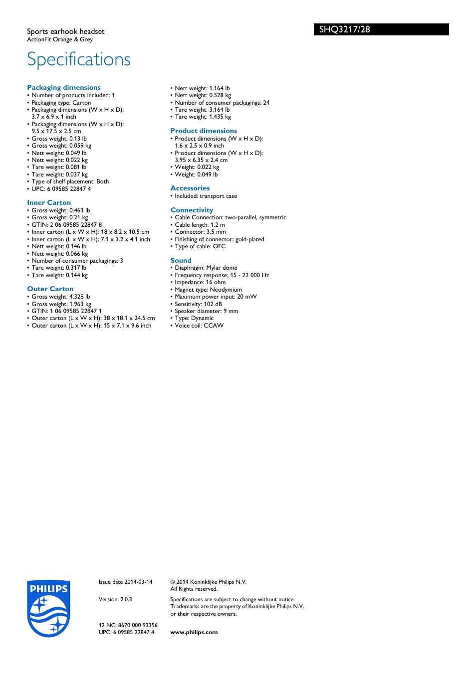 Specifications | Philips SHQ3217-28 User Manual | Page 3 / 3