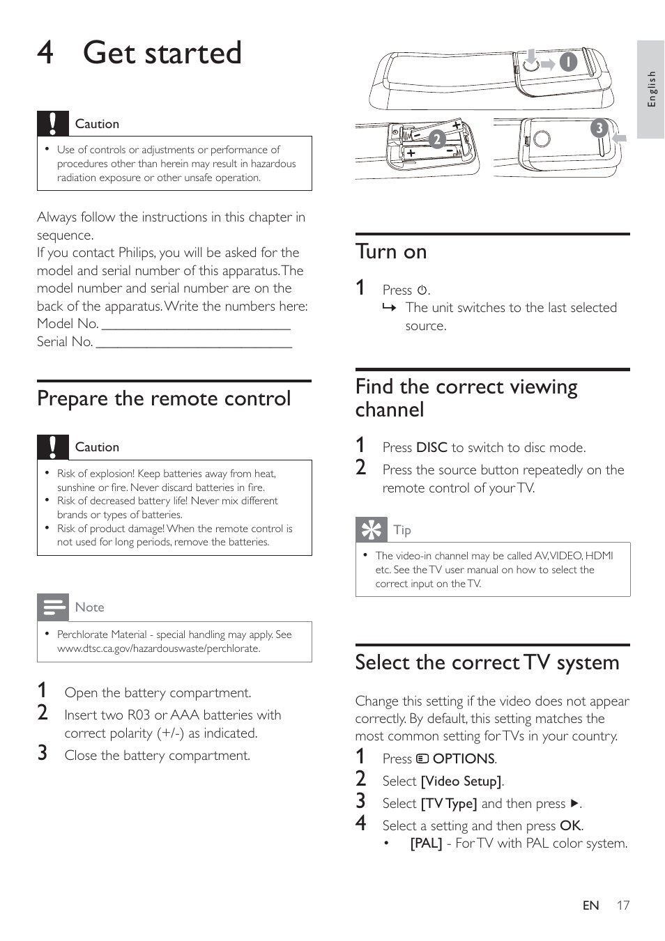 4 get started, Turn on 1, Find the correct viewing channel 1 | Select the correct tv system, Prepare the remote control | Philips HSB2351-F7B User Manual | Page 16 / 38