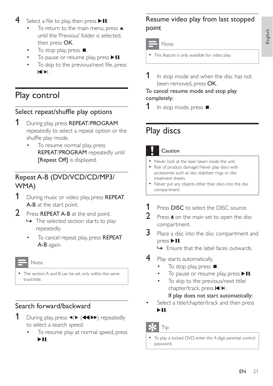 Play discs, Play control, Resume video play from last stopped point | Select repeat/shufﬂ e play options, Repeat a-b (dvd/vcd/cd/mp3/ wma), Search forward/backward | Philips HSB2351-F7B User Manual | Page 20 / 38