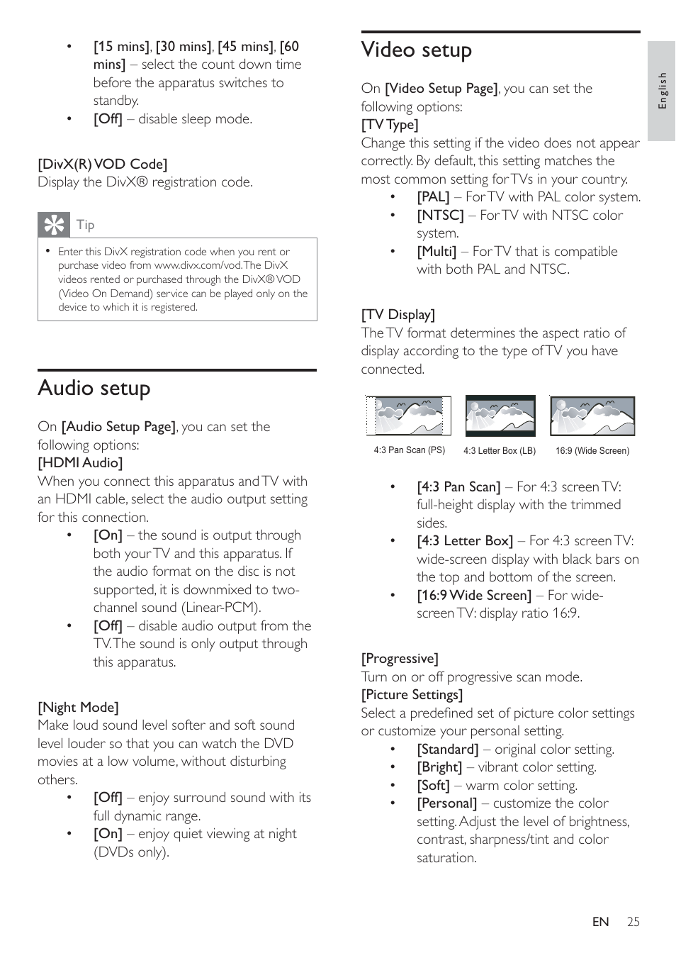 Video setup, Audio setup | Philips HSB2351-F7B User Manual | Page 24 / 38