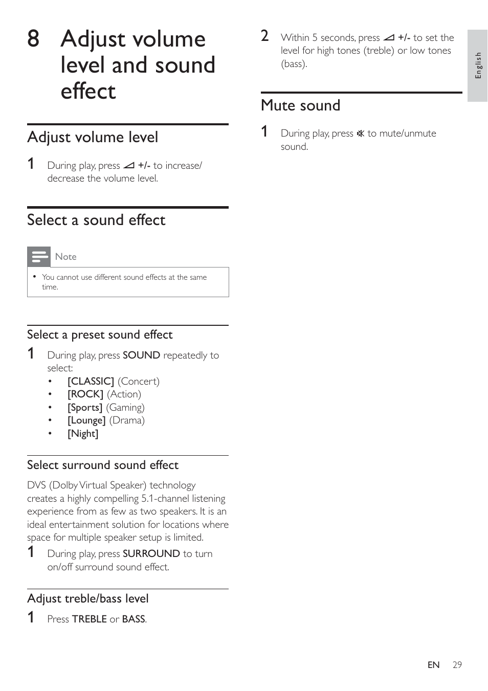 8 adjust volume level and sound effect, Mute sound 1, Adjust volume level 1 | Select a sound effect | Philips HSB2351-F7B User Manual | Page 28 / 38