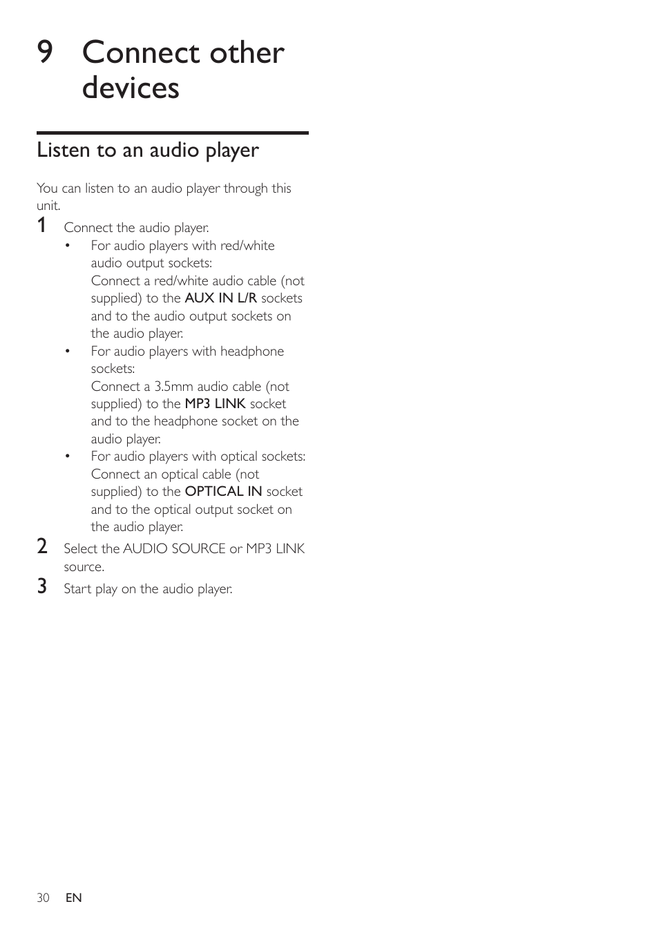 9 connect other devices, Listen to an audio player | Philips HSB2351-F7B User Manual | Page 29 / 38