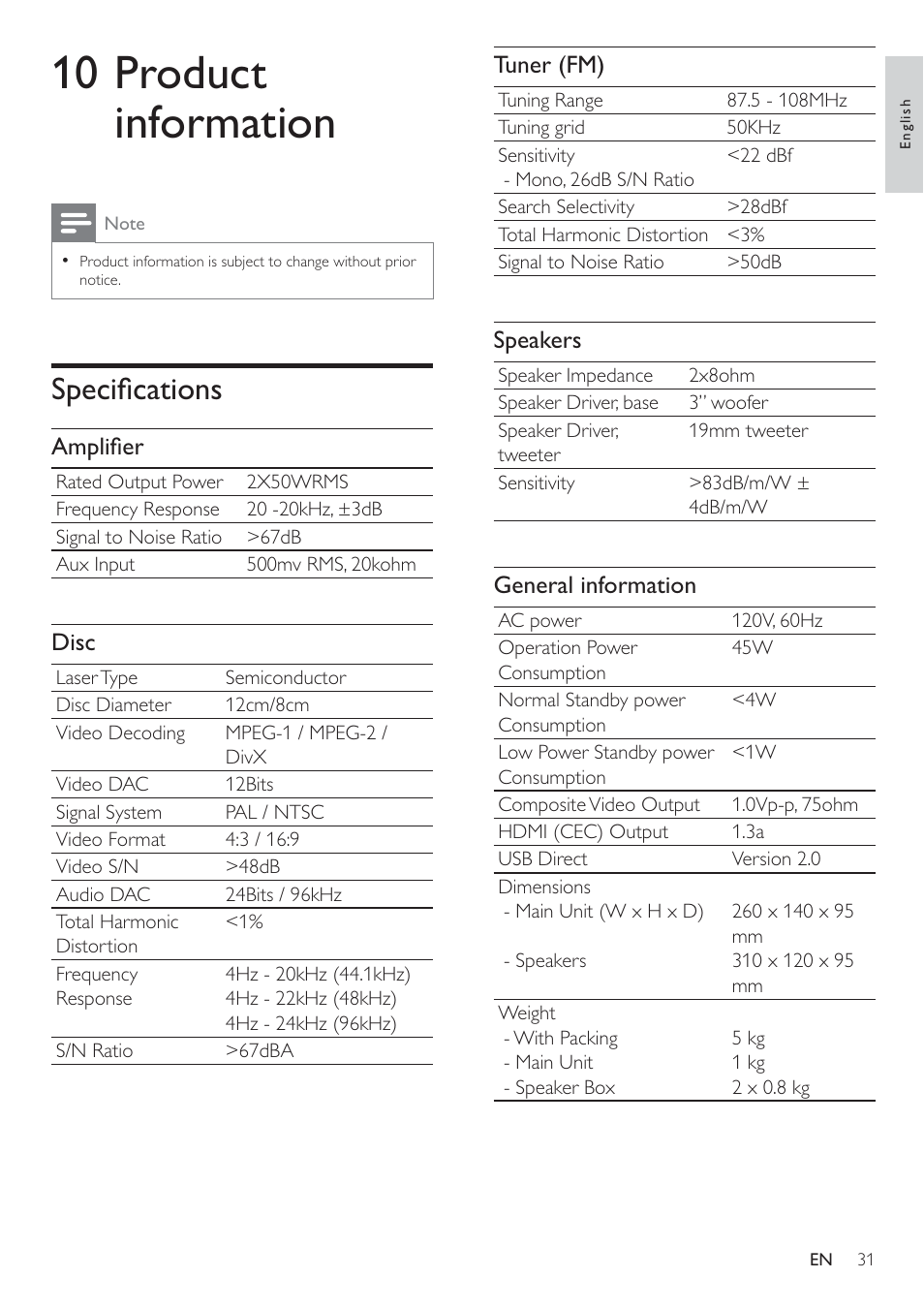 10 product information, Speciﬁ cations, Tuner (fm) | Speakers, General information, Ampliﬁ er, Disc | Philips HSB2351-F7B User Manual | Page 30 / 38