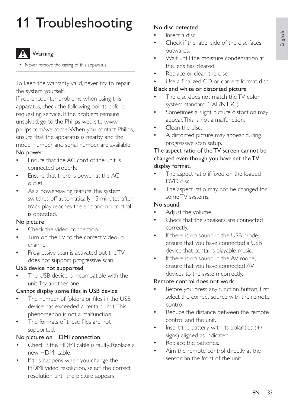 11 troubleshooting | Philips HSB2351-F7B User Manual | Page 32 / 38