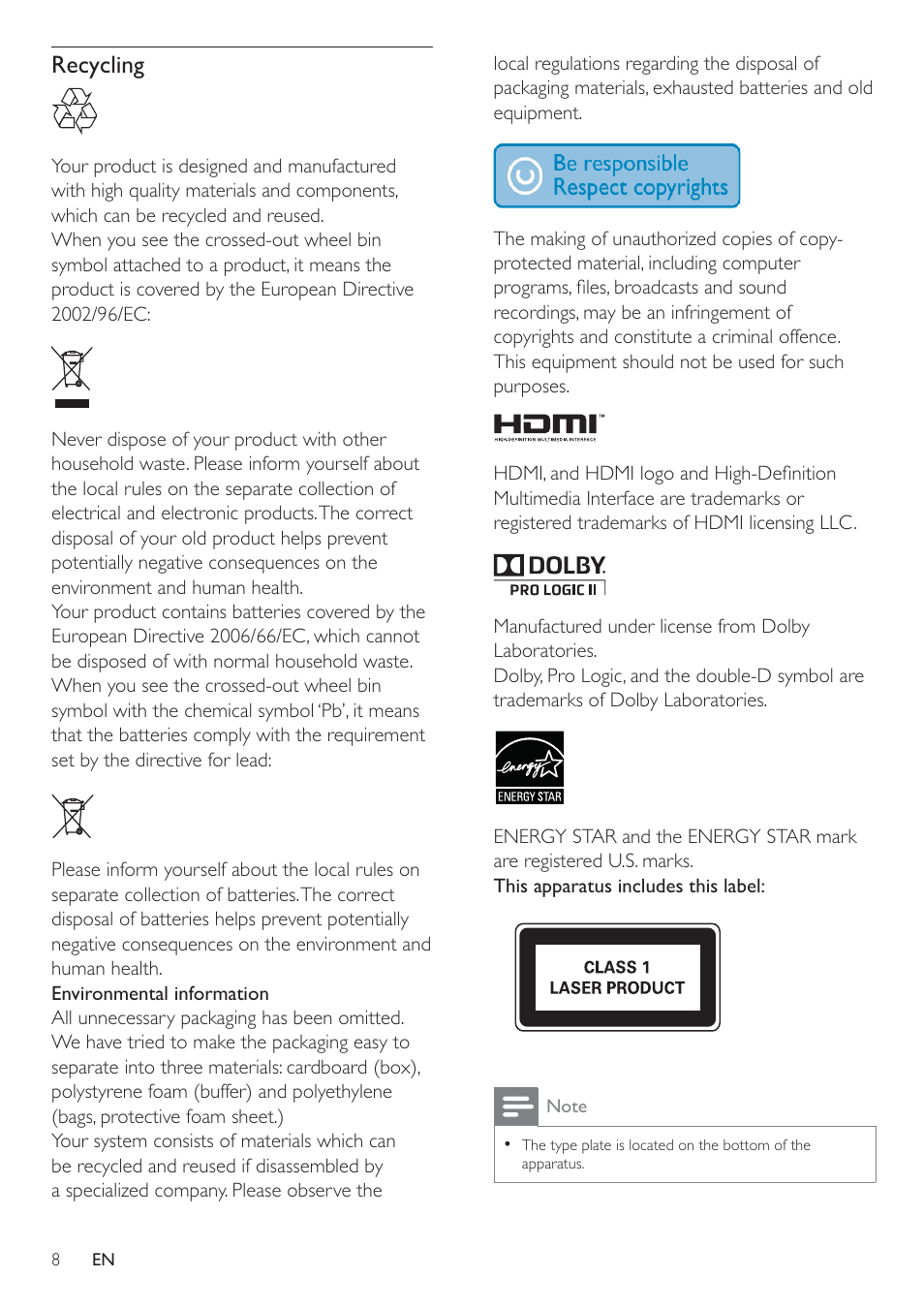 Recycling | Philips HSB2351-F7B User Manual | Page 7 / 38