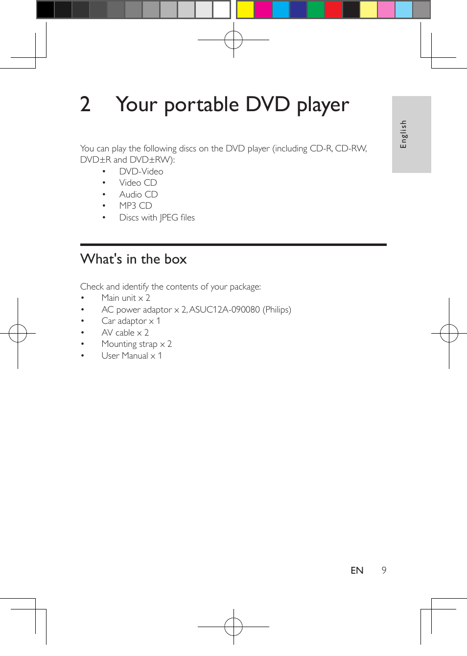 2 your portable dvd player, What's in the box | Philips PD7016-37 User Manual | Page 10 / 26