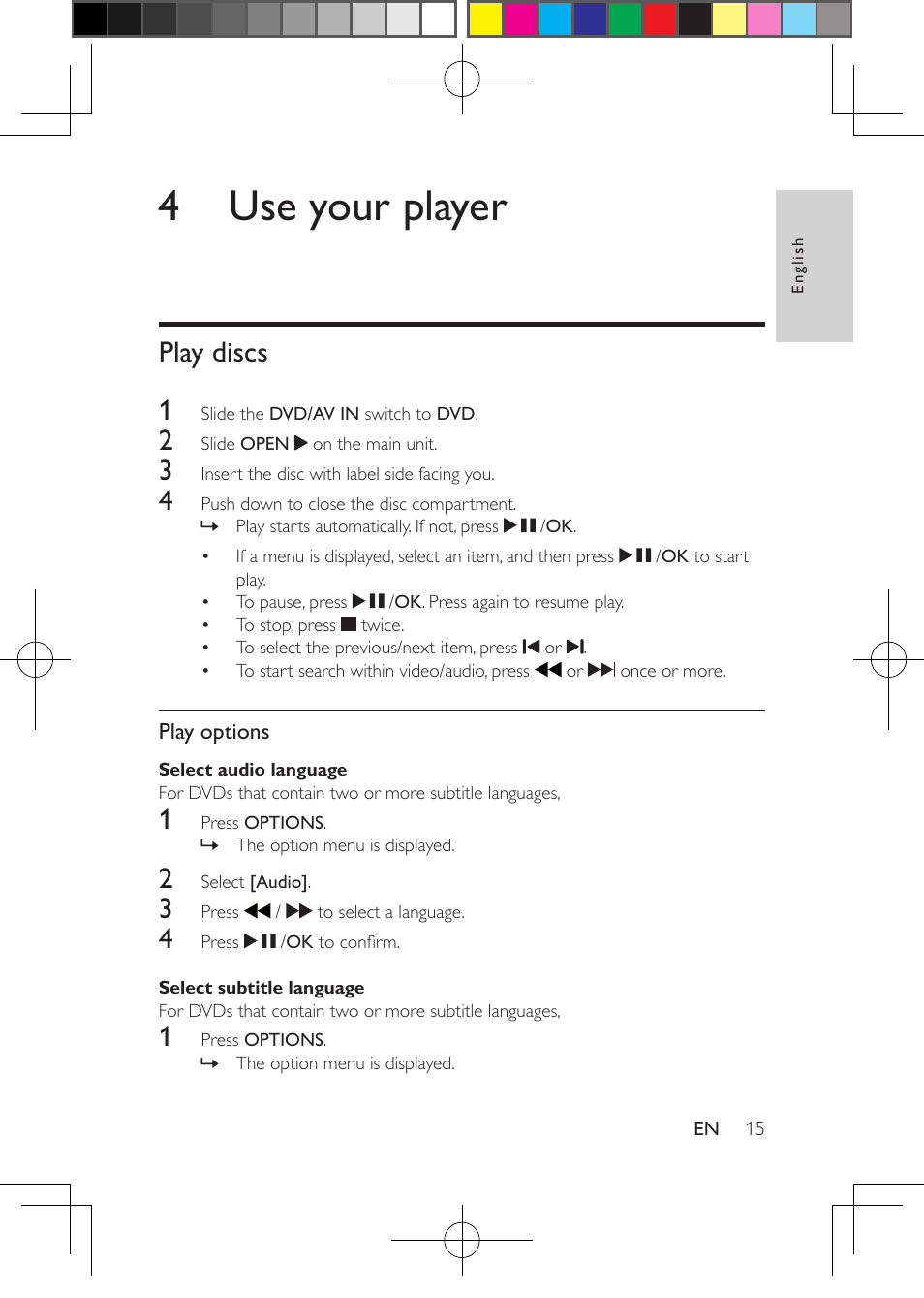 4 use your player, Play discs, Play discs 1 | Philips PD7016-37 User Manual | Page 16 / 26