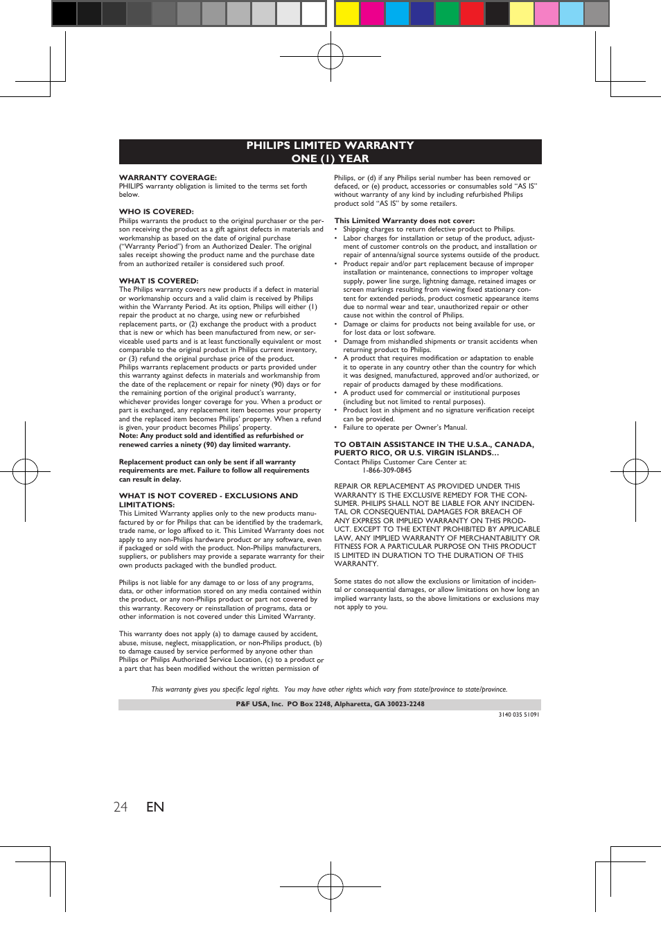 6 product information, 24 en, Philips limited warranty one (1) year | Philips PD7016-37 User Manual | Page 25 / 26