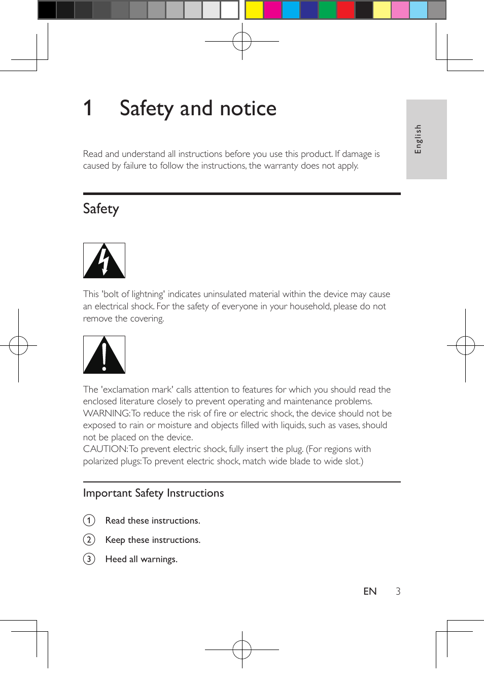 1 safety and notice, Safety, Important safety instructions | Safety 3 | Philips PD7016-37 User Manual | Page 4 / 26