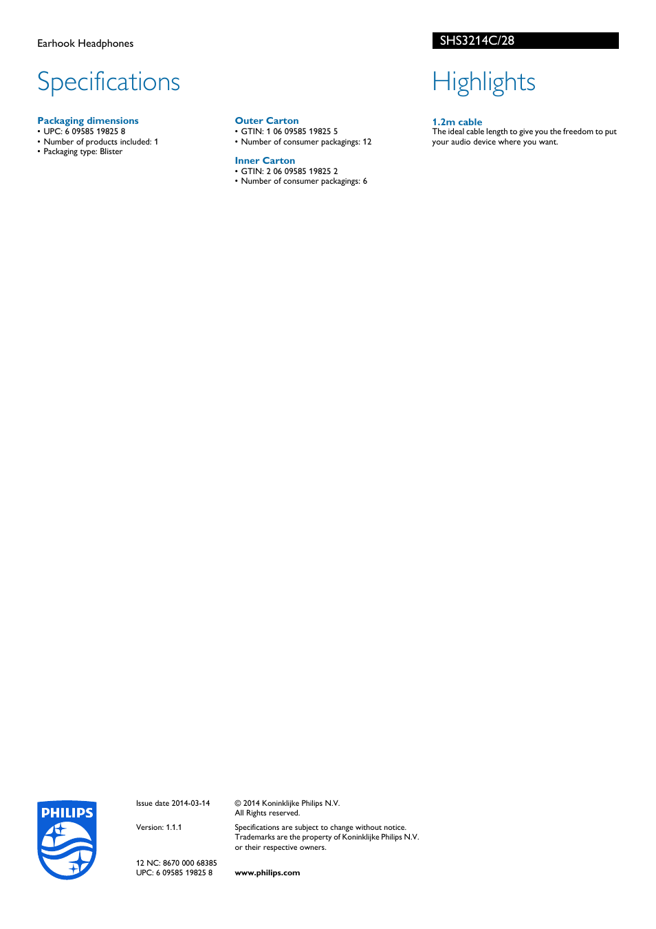 Specifications, Highlights | Philips SHS3214C-28 User Manual | Page 2 / 2