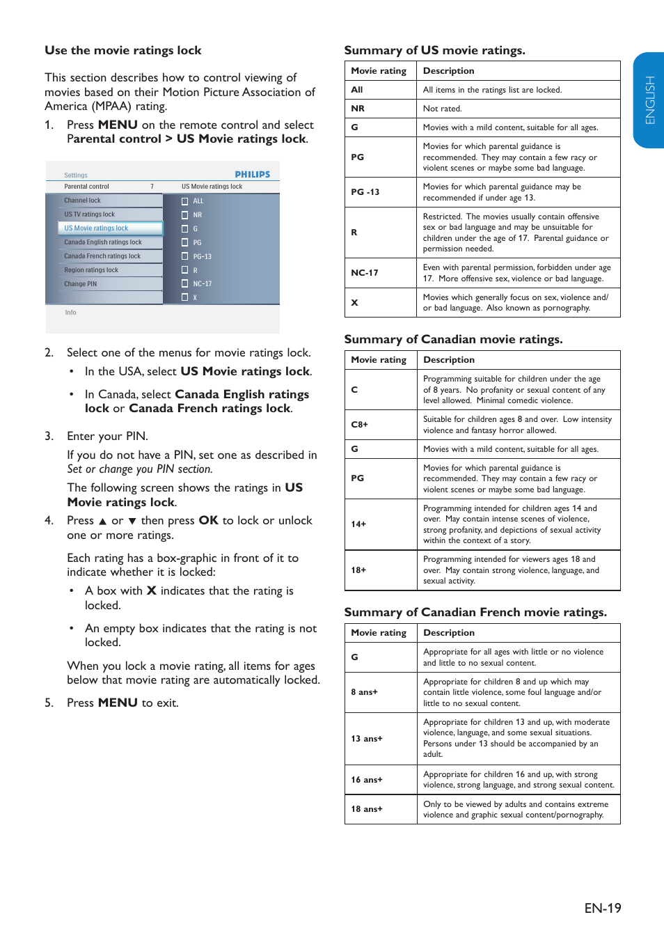 En-19, Summary of canadian movie ratings, Summary of canadian french movie ratings | Philips 19" LCD TV Digital Crystal Clear User Manual | Page 20 / 35