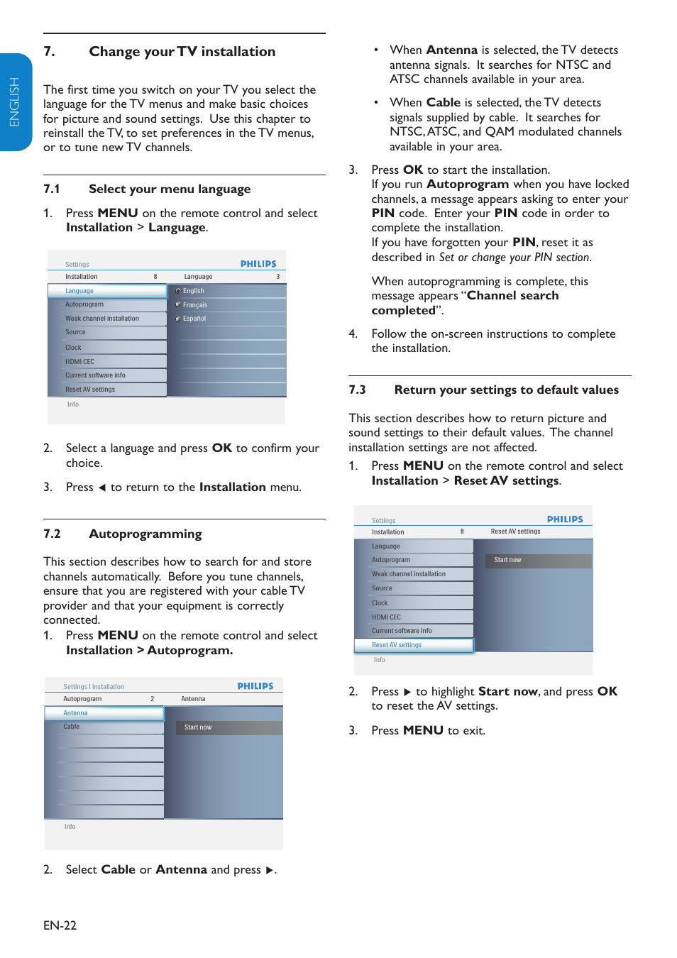 Change your tv installation 7, En-22 english française esp añol | Philips 19" LCD TV Digital Crystal Clear User Manual | Page 23 / 35