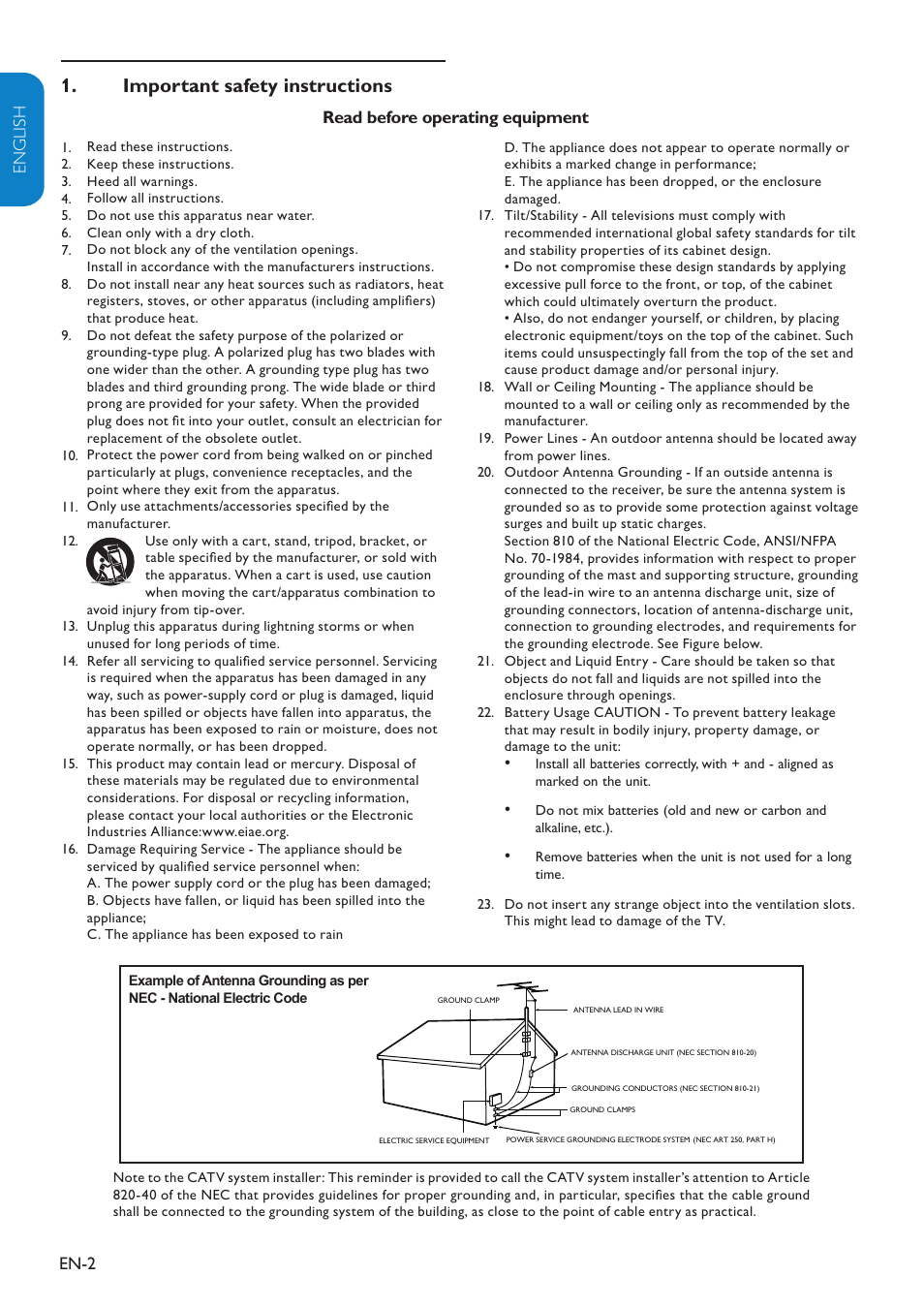 Important safety instructions 1, En-2 english française esp añol, Read before operating equipment | Philips 19" LCD TV Digital Crystal Clear User Manual | Page 3 / 35