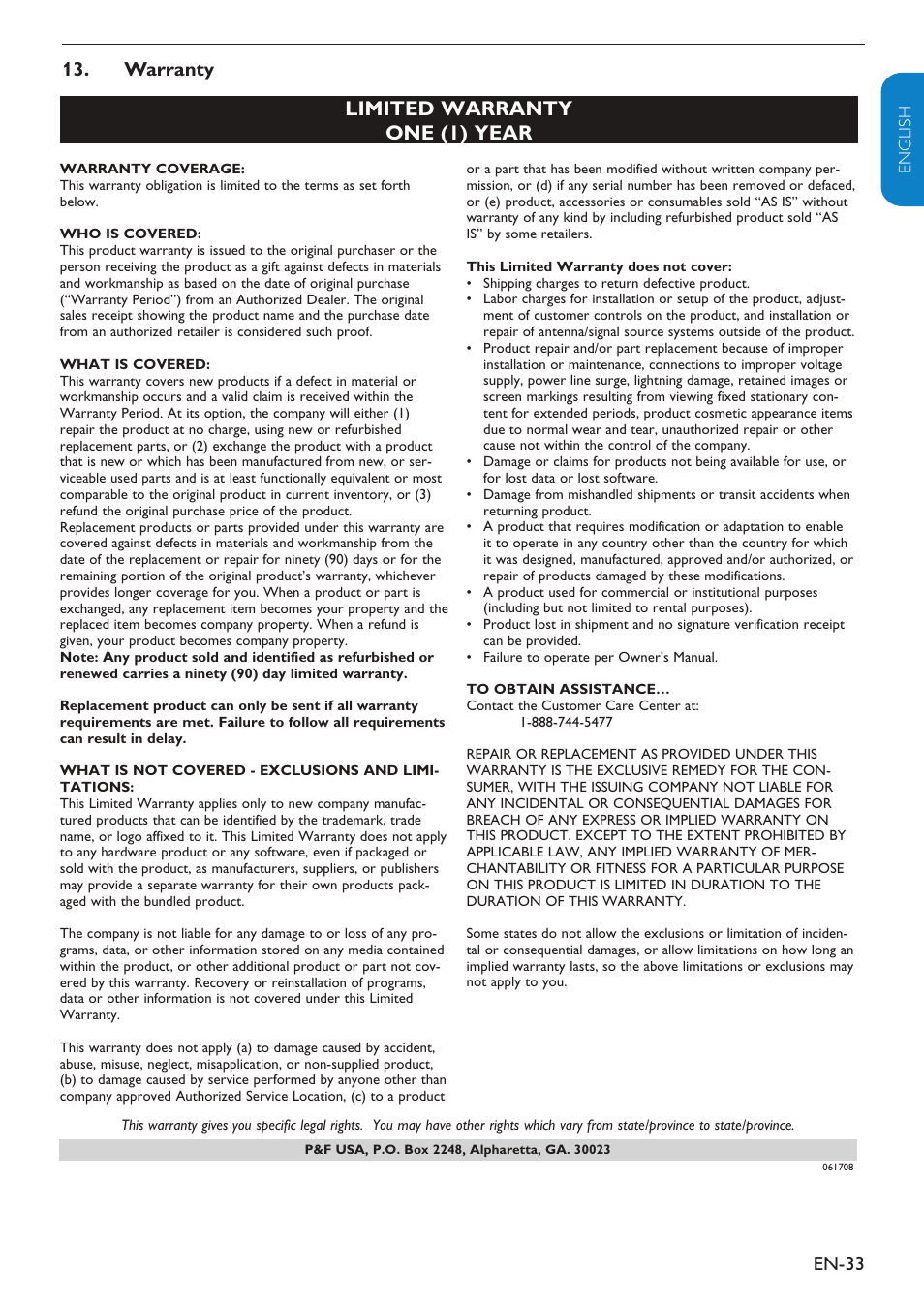 Limited warranty one (1) year, En-33, Warranty | English française esp añol | Philips 19" LCD TV Digital Crystal Clear User Manual | Page 34 / 35