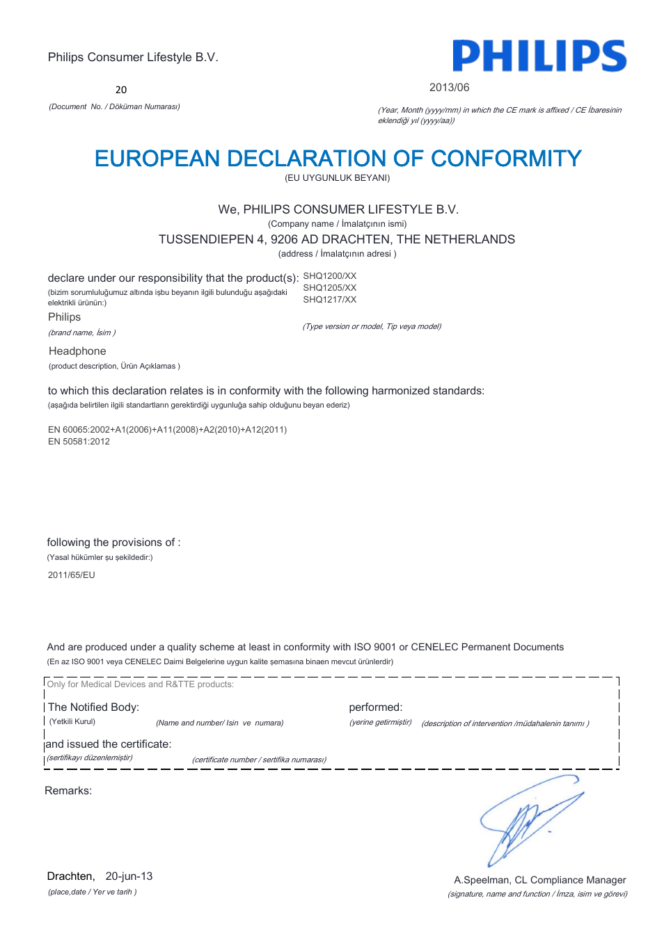 European declaration of conformity | Philips SHQ1200WT-28 User Manual | Page 19 / 21