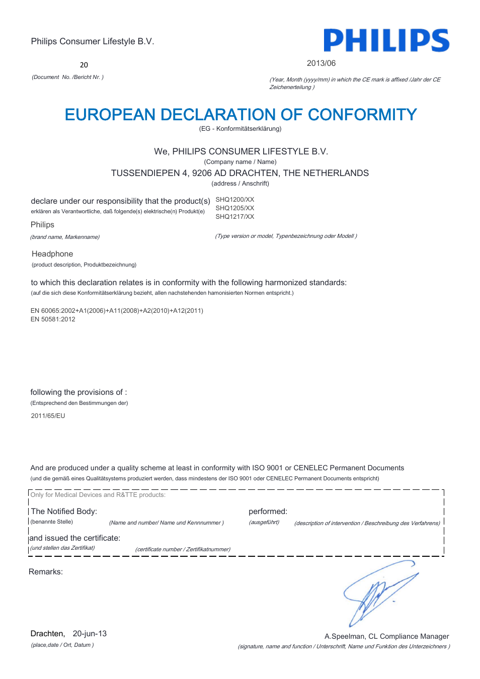 European declaration of conformity | Philips SHQ1200WT-28 User Manual | Page 2 / 21