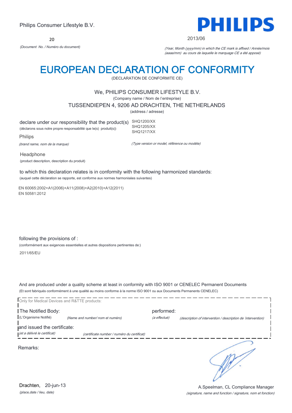 European declaration of conformity | Philips SHQ1200WT-28 User Manual | Page 3 / 21