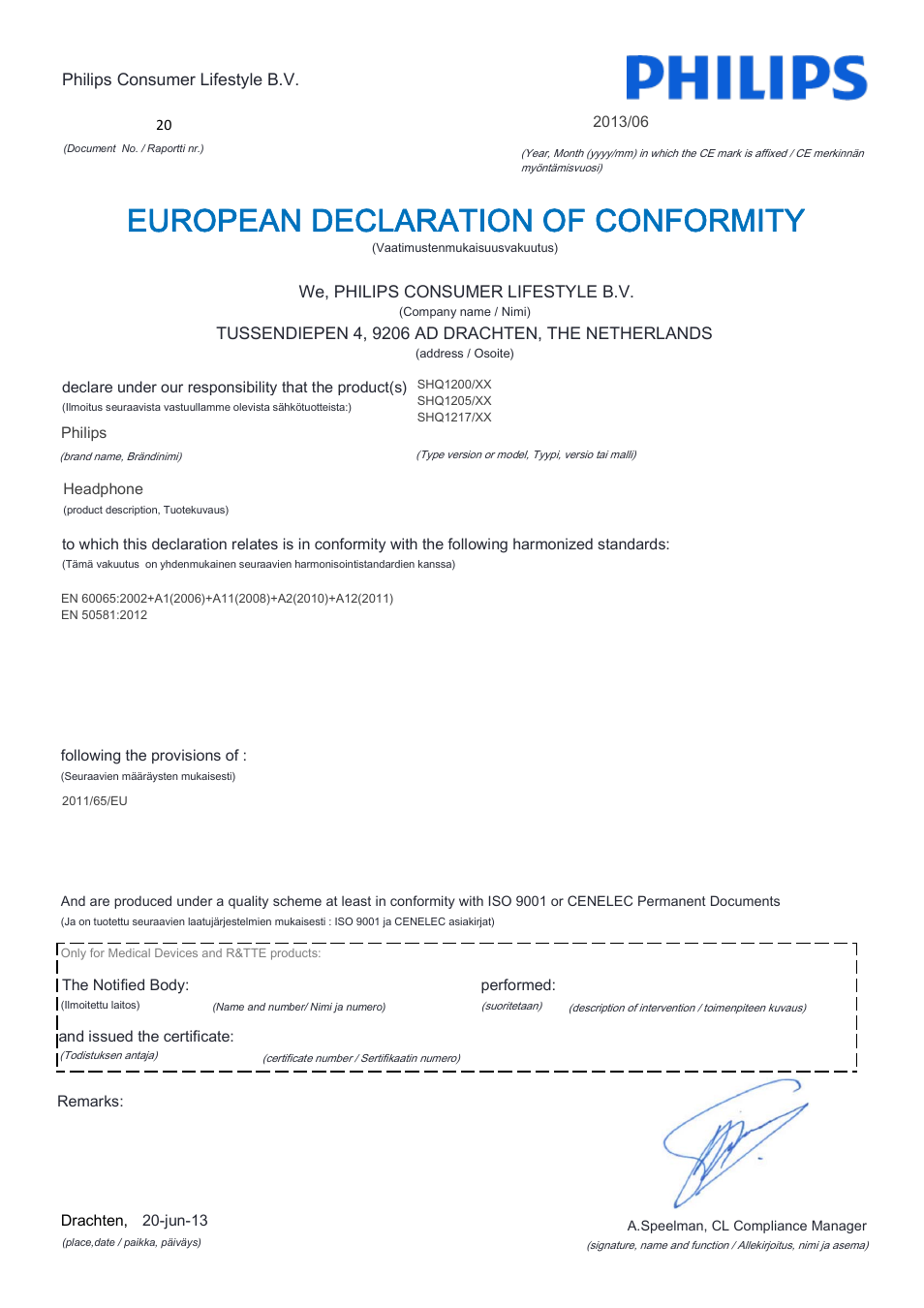 European declaration of conformity | Philips SHQ1200WT-28 User Manual | Page 8 / 21