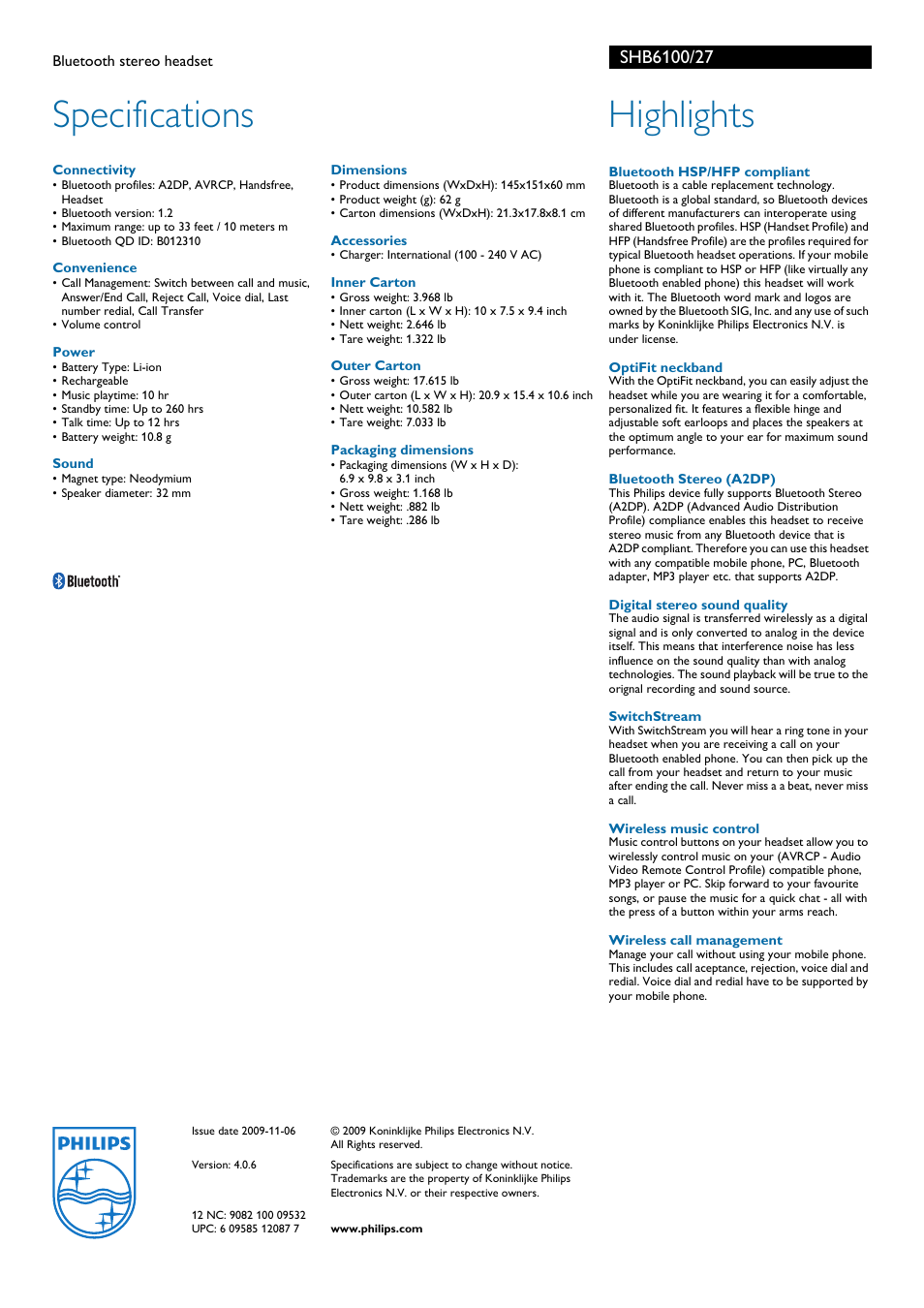 Specifications, Highlights | Philips SHB6100-27 User Manual | Page 2 / 2