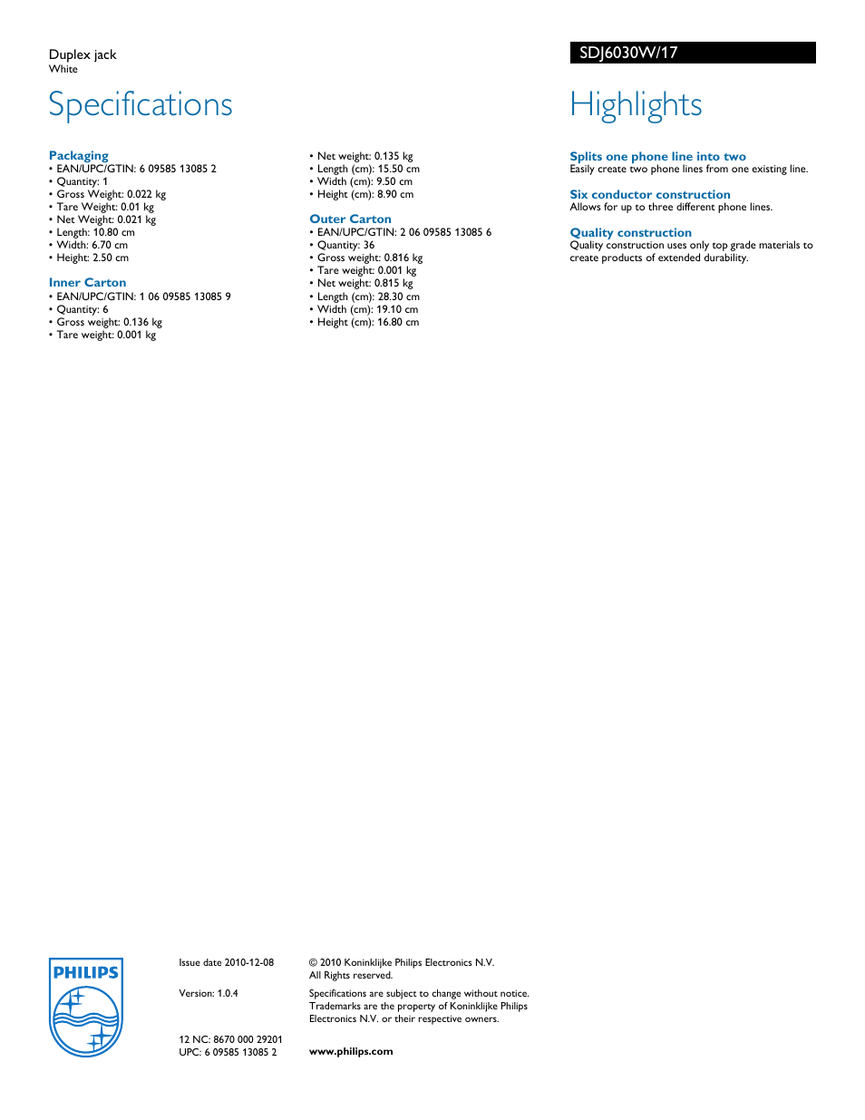 Specifications, Highlights | Philips SDJ6030W-17 User Manual | Page 2 / 2