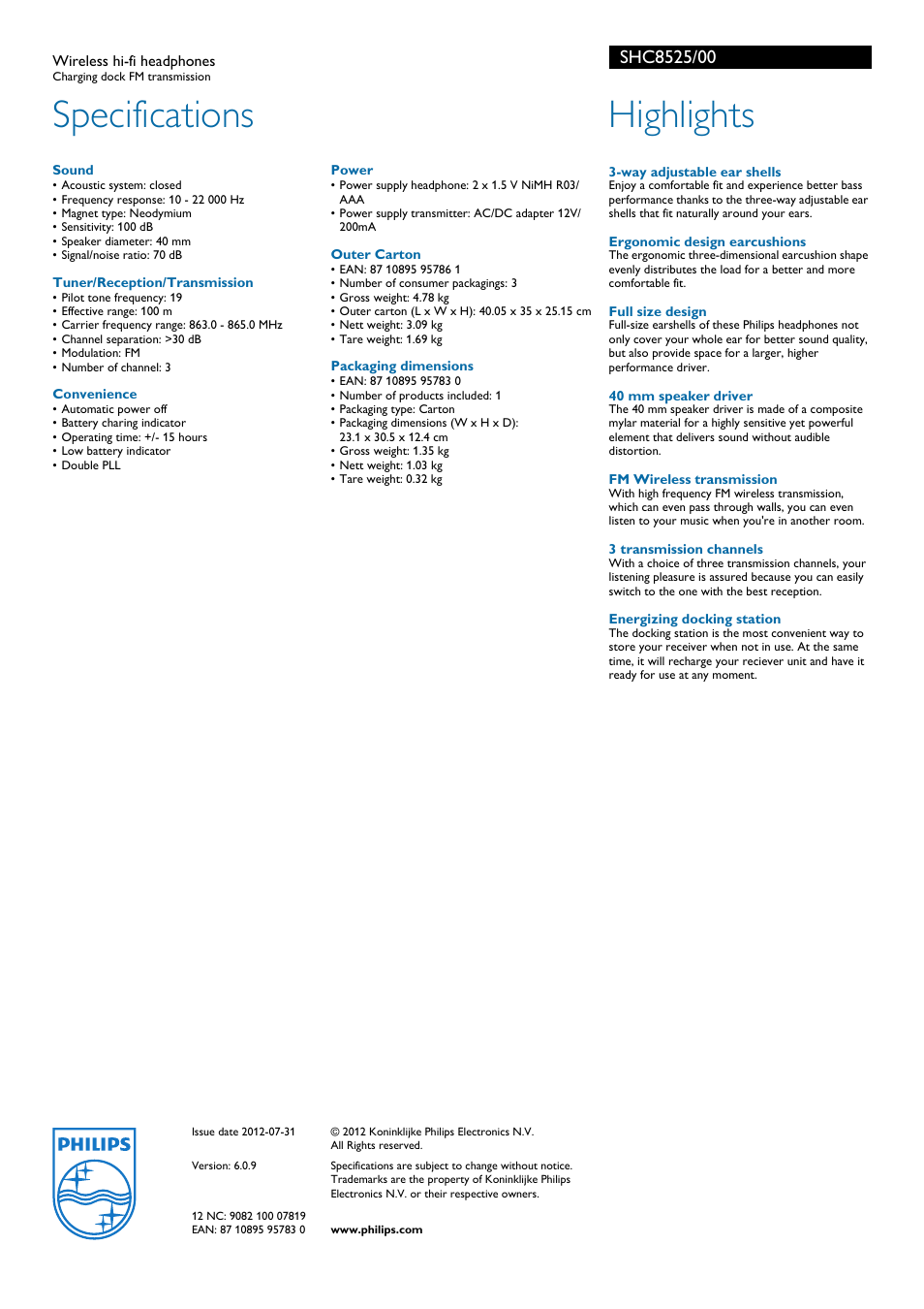Specifications, Highlights | Philips SHC8525-00 User Manual | Page 2 / 2