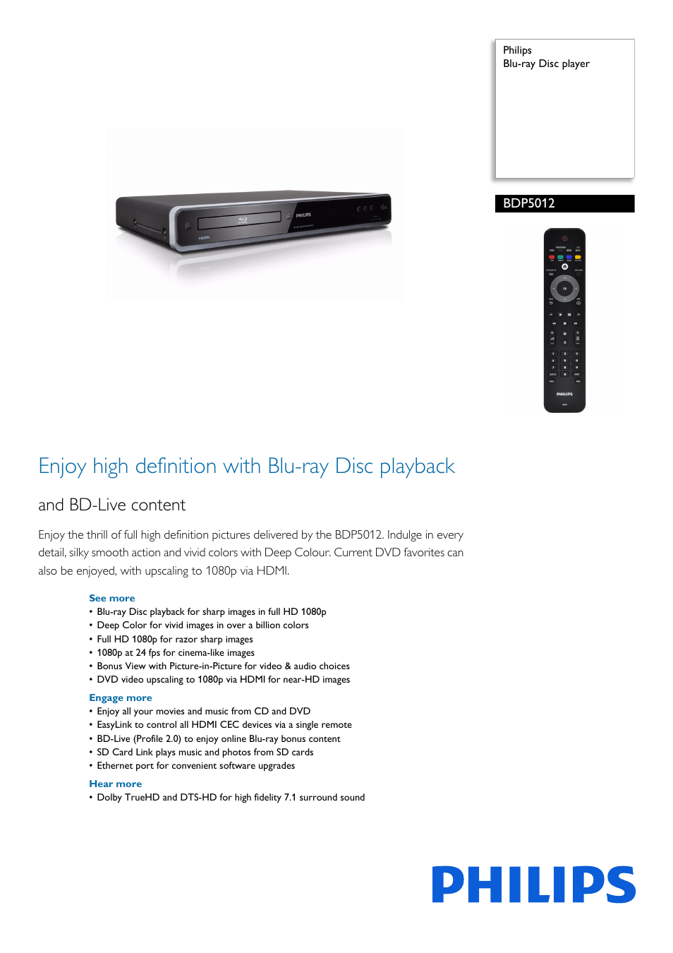 Philips Blu-ray Disc player BDP5012 User Manual | 3 pages