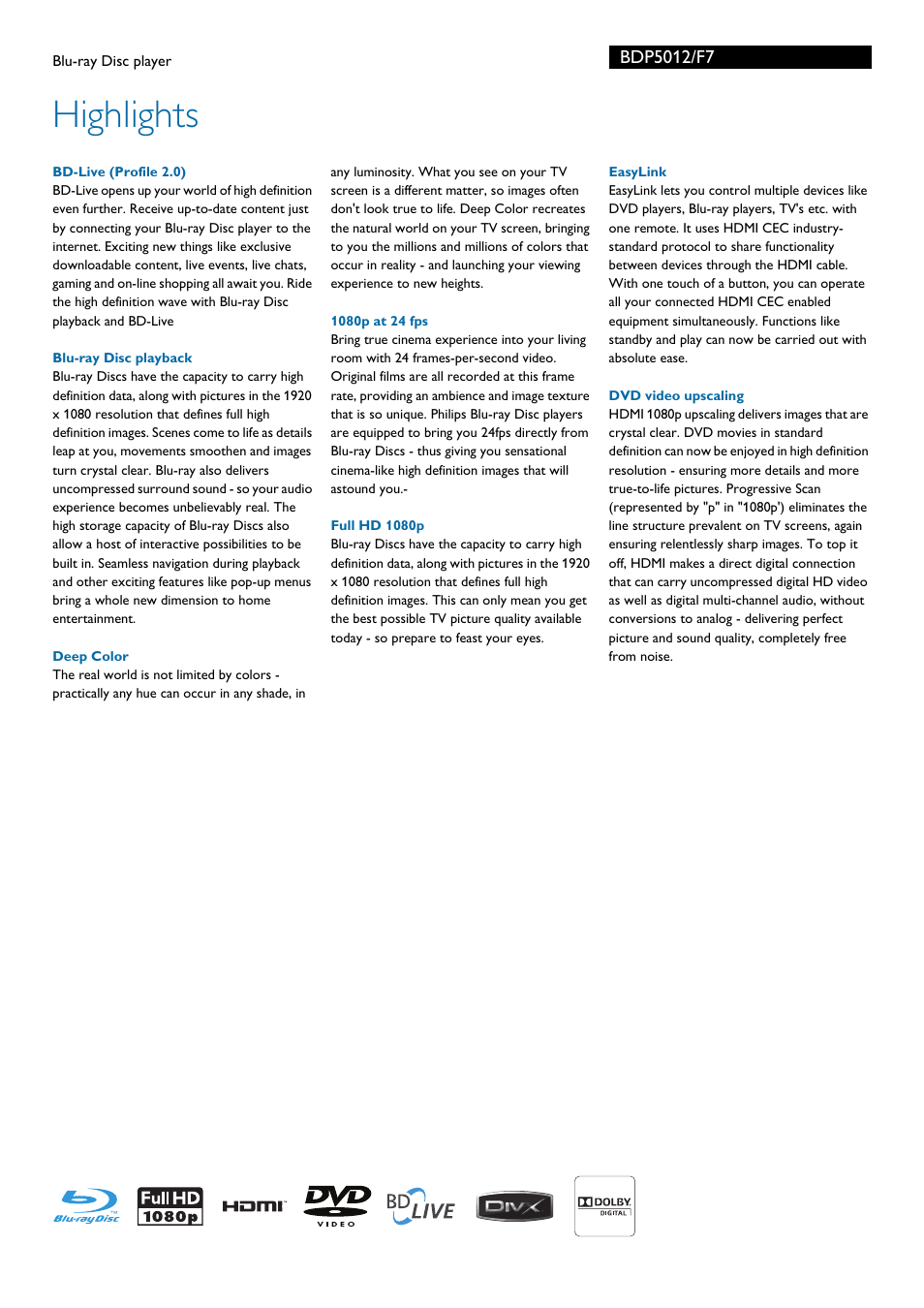 Highlights | Philips Blu-ray Disc player BDP5012 User Manual | Page 2 / 3