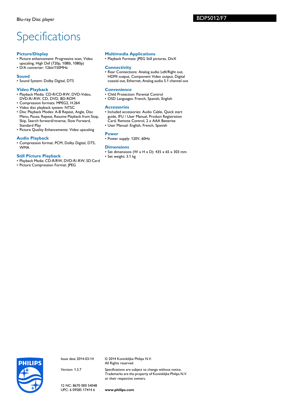 Specifications | Philips Blu-ray Disc player BDP5012 User Manual | Page 3 / 3