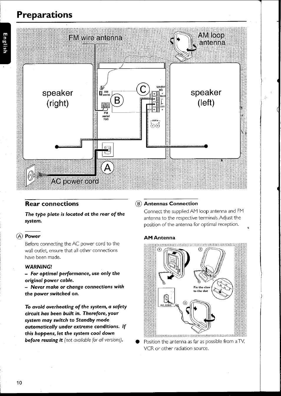 Rear connections, Rear connections -11, Preparations | Philips MC10537 User Manual | Page 10 / 60