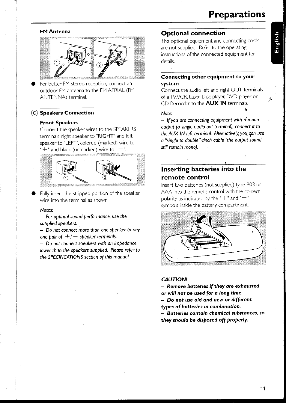 Optional connection, Inserting batteries into the remote control, Preparations | Philips MC10537 User Manual | Page 11 / 60