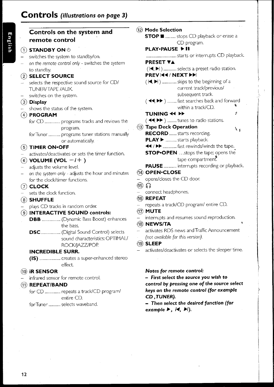 Controls on the system and remote control, L) standby on o, Select source | Program, Timer on-off, Clock, Shuffle, Ir sensor, Repeat/band, Mode selection | Philips MC10537 User Manual | Page 12 / 60
