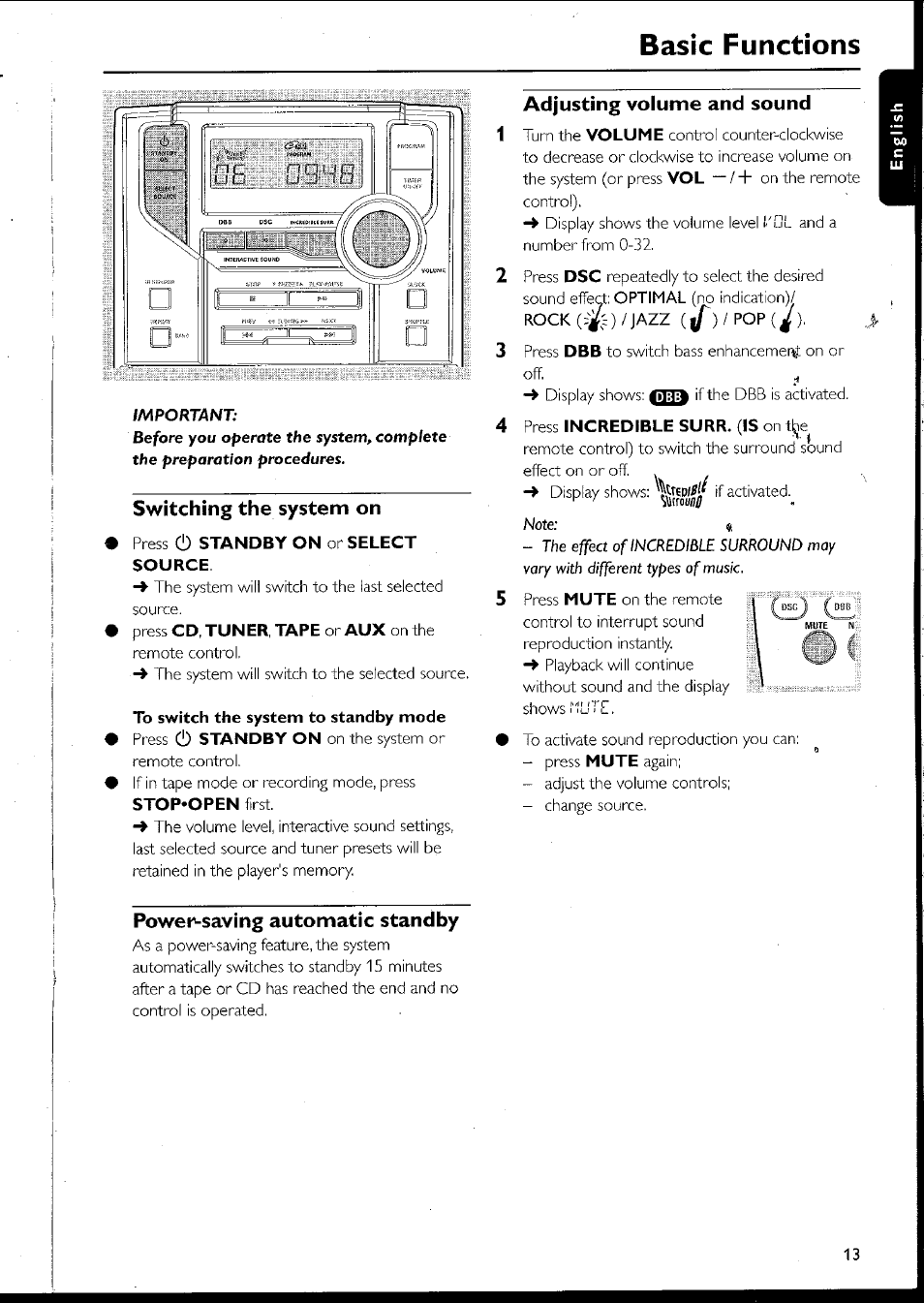 Switching the system on, To switch the system to standby mode, Adjusting volume and sound | Power-saving automatic standby, Sv/itching the system on, Adjusting voiume and sound, Basic functions, Fe) & power-saving automatic standby | Philips MC10537 User Manual | Page 13 / 60