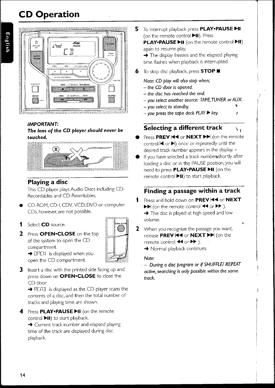Playing a disc, Selecting a different track ^ j, Finding a passage within a track | Seiecting a different track, Cd operation | Philips MC10537 User Manual | Page 14 / 60