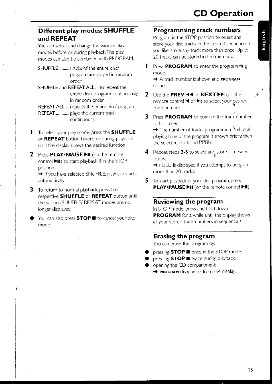 Different play modes: shuffle and repeat, Programming track numbers, Reviewing the program | Erasing the program, Cd operation | Philips MC10537 User Manual | Page 15 / 60