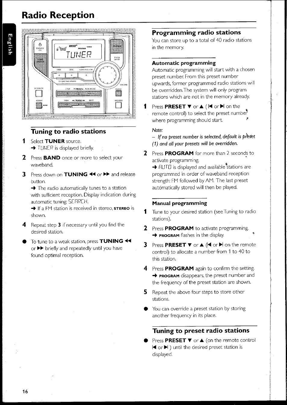 Programming radio stations, Tuning to radio stations, Automatic programming | Manuai programming, Tuning to preset radio stations, Radío reception | Philips MC10537 User Manual | Page 16 / 60