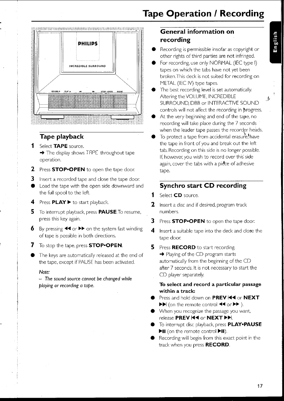 Tape playback, General information on recording, Synchro start cd recording | Tape operation / recording | Philips MC10537 User Manual | Page 17 / 60