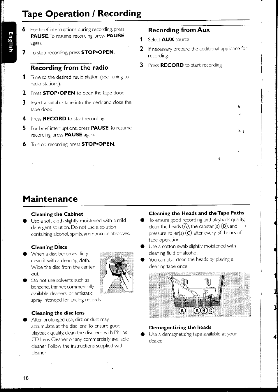 Recording from the radio, Recording from aux, Recording from the aux | Tape operation / recording, Maintenance | Philips MC10537 User Manual | Page 18 / 60