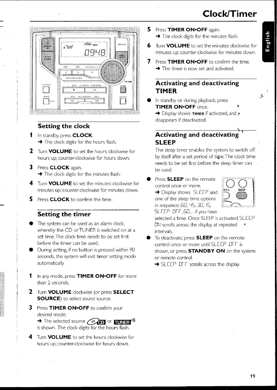 Setting the clock, Setting the timer, Activating and deactivating timer | Activating and deactivating, Sleep, Setting the ciock, Activating and deactivating sleep, Clock/timer | Philips MC10537 User Manual | Page 19 / 60