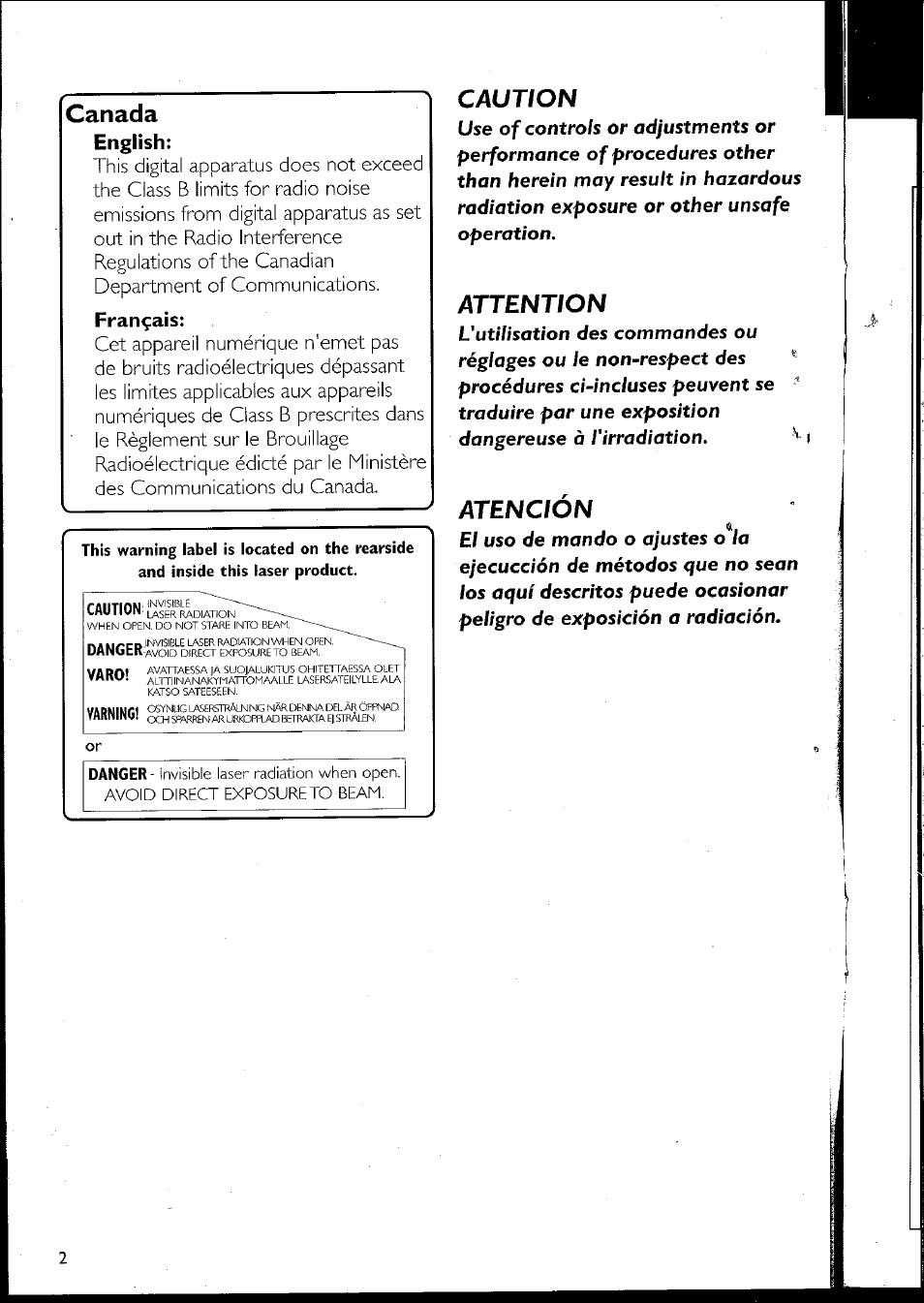 Canada, Caution, Attention | I atención, English, Français | Philips MC10537 User Manual | Page 2 / 60