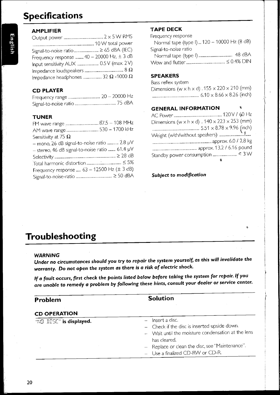 Problem, Specifications, Troubleshooting | Problem solution | Philips MC10537 User Manual | Page 20 / 60