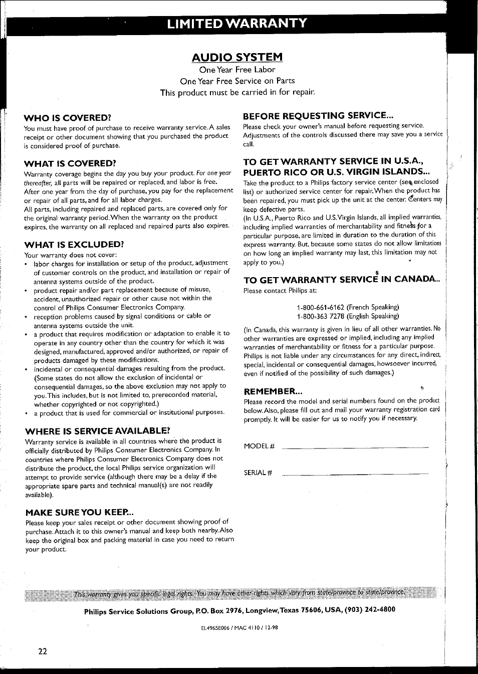 Audio system, Who is covered, What is covered | What is excluded, Where is service available, Make sure you keep, Before requesting service, To get warranty service in canada, Remember, Limited warranty | Philips MC10537 User Manual | Page 22 / 60