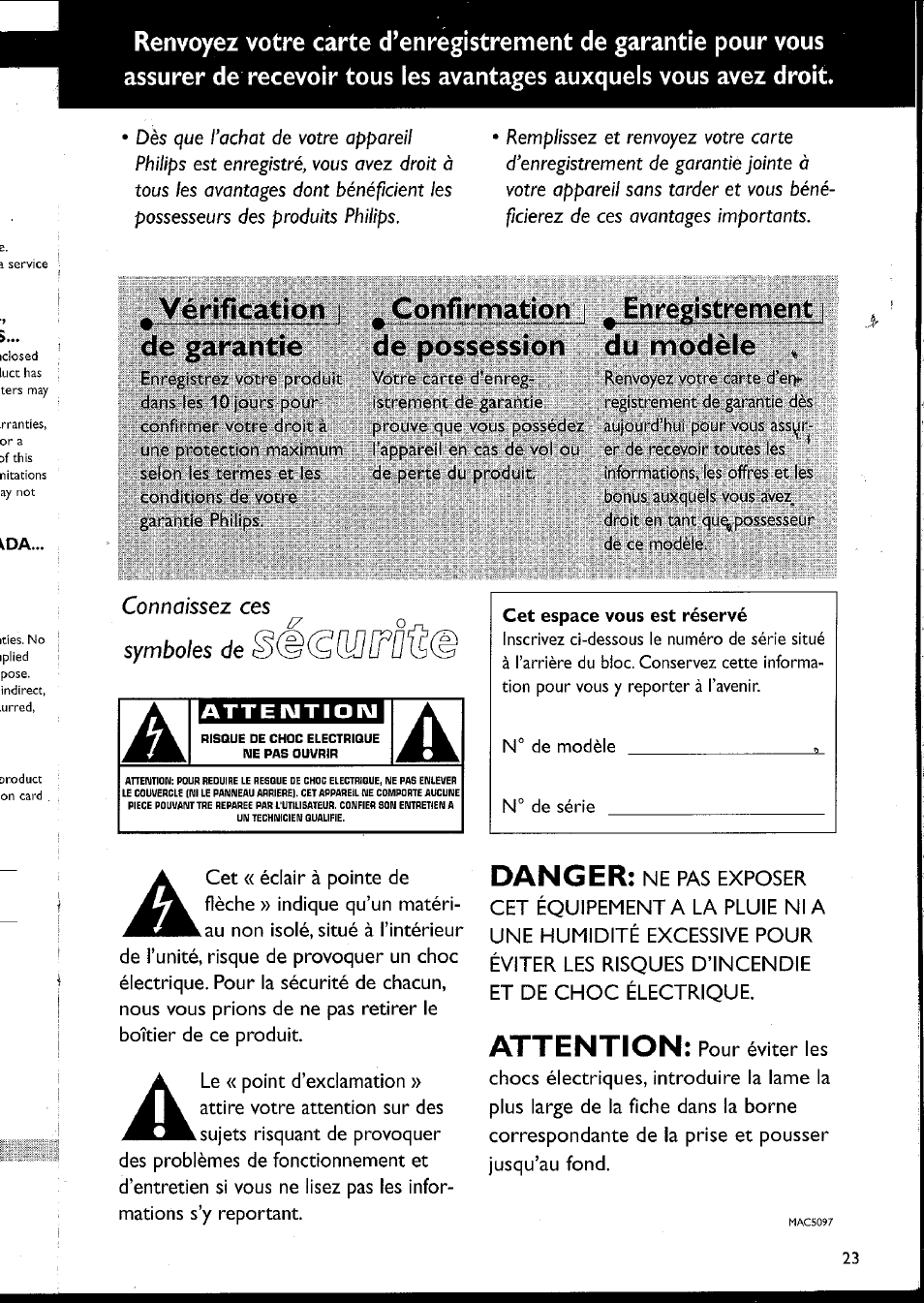 Atteimtioim, Vérification de garantie, Confirmation de possession | Enregistrement du modèle, Danger, Attention | Philips MC10537 User Manual | Page 23 / 60
