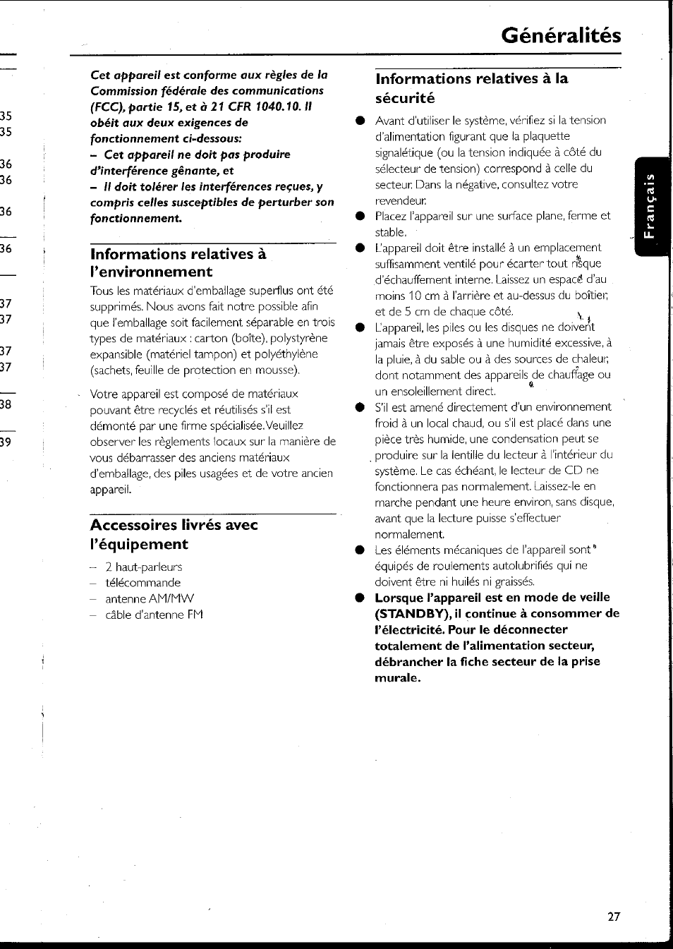 Informations relatives à l’environnement, Accessoires livrés avec l’équipement, Informations relatives à la sécurité | Généralités | Philips MC10537 User Manual | Page 27 / 60