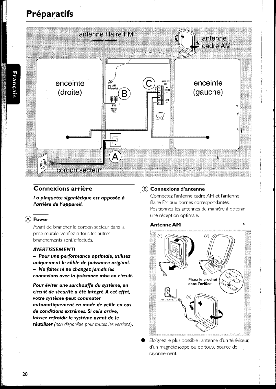 Connexions arrière, Connexions arrière -29, Préparatifs | Philips MC10537 User Manual | Page 28 / 60