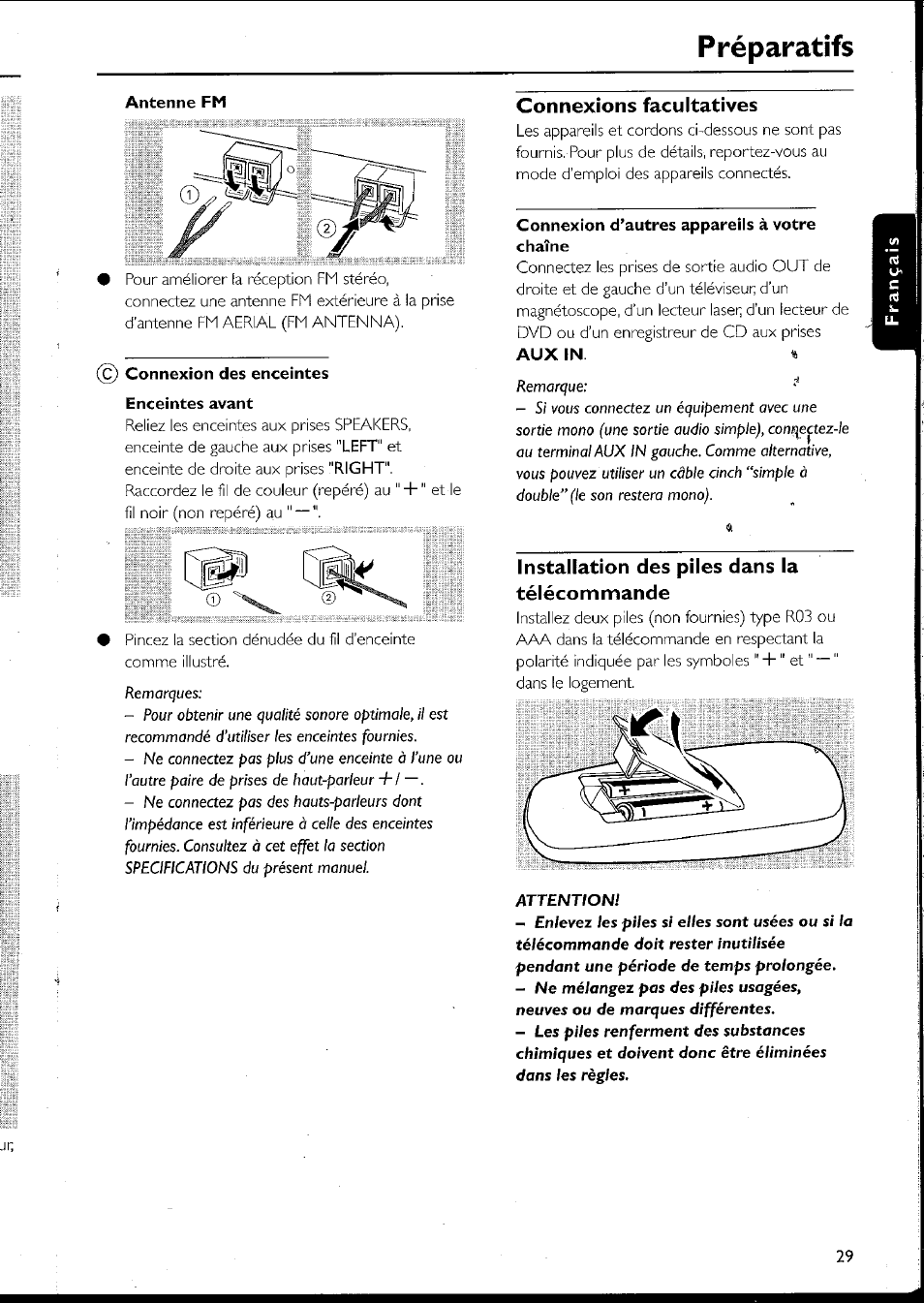 Antenne fm, Connexion des enceintes enceintes avant, Connexions facultatives | Connexion d’autres appareils à votre chaîne, Installation des piles dans la télécommande, Préparatifs | Philips MC10537 User Manual | Page 29 / 60