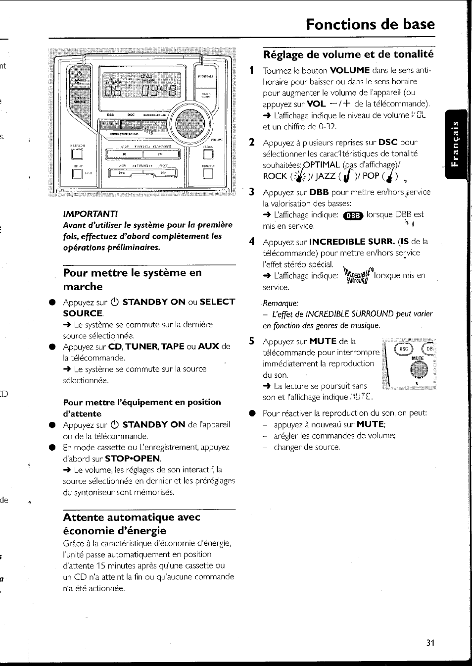 Pour mettre le système en marche, Pour mettre l’équipement en position d’attente, Attente automatique avec économie d’énergie | Fonctions de base, Réglage de volume et de tonalité | Philips MC10537 User Manual | Page 31 / 60