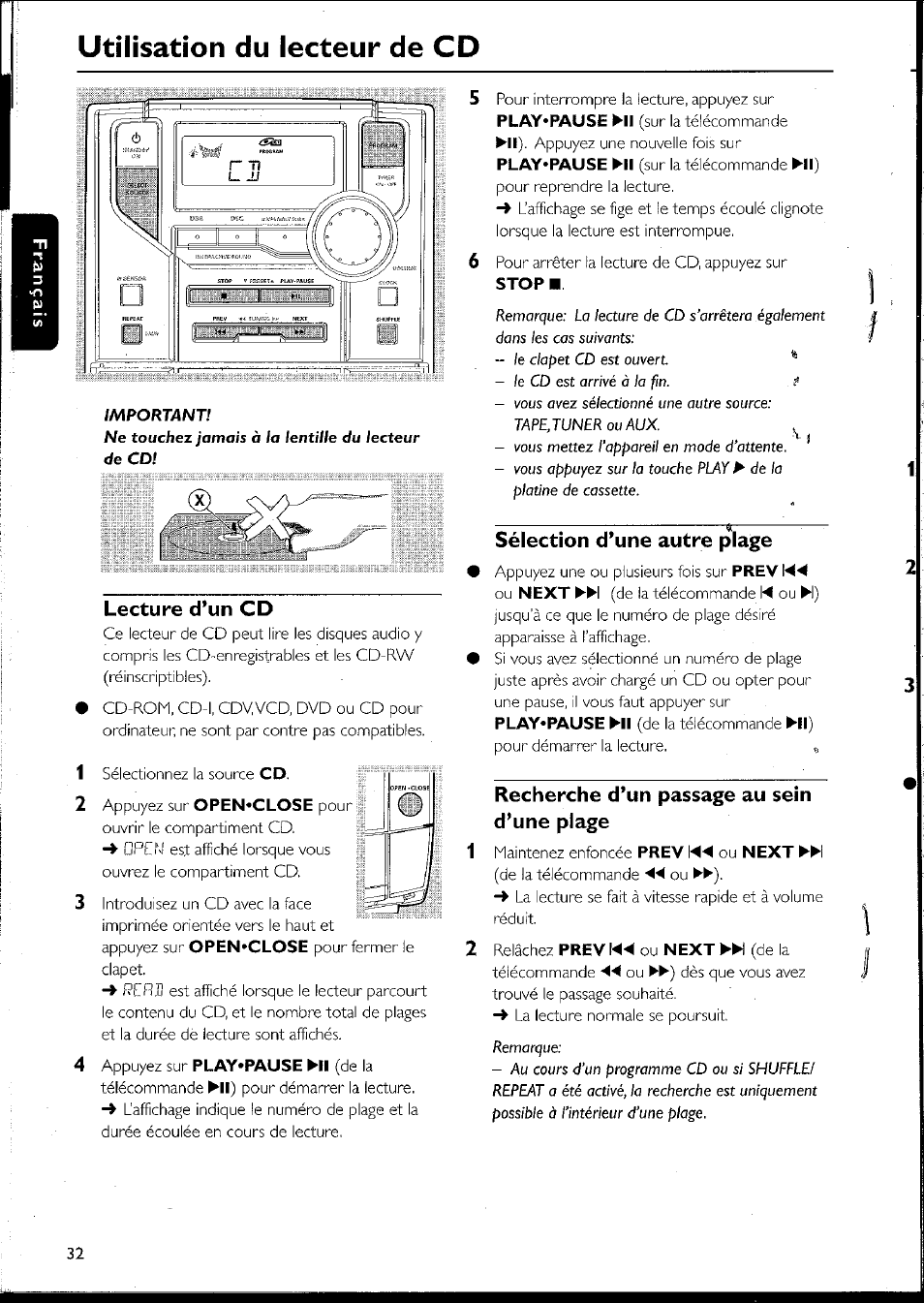 Utilisation du lecteur de cd, Lecture d’un cd, Sélection d’une autre plage | Recherche d’un passage au sein d’une plage | Philips MC10537 User Manual | Page 32 / 60