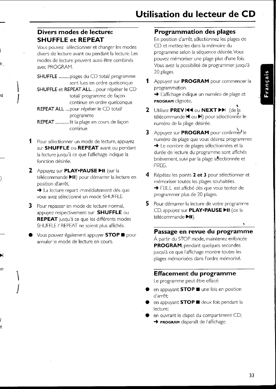 Divers modes de lecture; shuffle et repeat, Programmation des plages, Passage en revue du programme | Effacement du programme, Utilisation du lecteur de cd | Philips MC10537 User Manual | Page 33 / 60