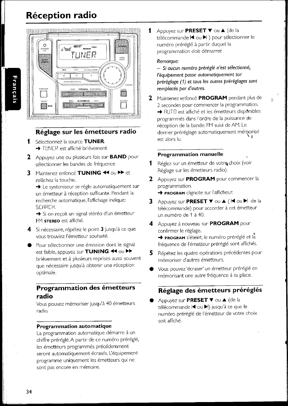 Réglage sur les émetteurs radio, Programmation des émetteurs radio, Programmation automatique | Programmation manuelle, Réglage des émetteurs préréglés, Réception radio | Philips MC10537 User Manual | Page 34 / 60