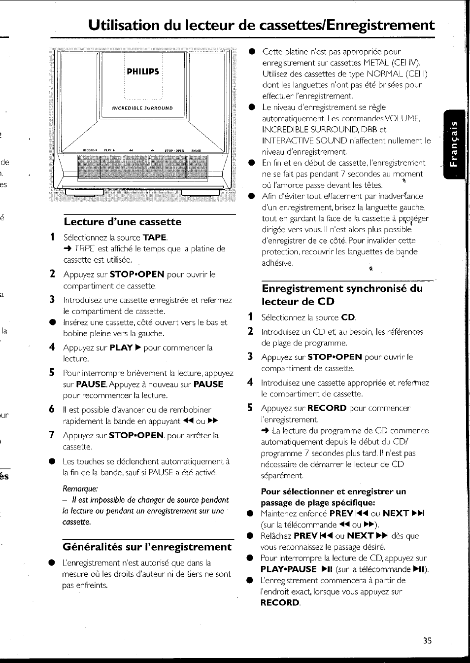 Lecture d’une cassette, Généralités sur l’enregistrement, Enregistrement synchronisé du lecteur de cd | Utilisation du lecteur de cassettes/enregistrement | Philips MC10537 User Manual | Page 35 / 60